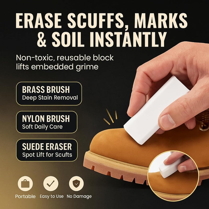 Fiamme Suede and Nubuck Cleaning Kit - Complete Brass & Nylon Brush Set, Suede Eraser for Shoes, Jackets, Boots, Handbags - Image 4